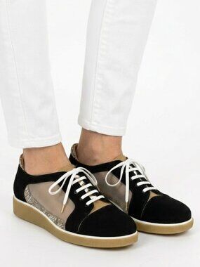 BeautiFeel Cadence Black Suede & Tan Leather Mesh Oxford Sneakers 6.5/37